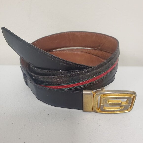 Vintage Gucci Mens Leather Logo Buckle Adjustable Belt Size 110 Black Preppy - Picture 1 of 14